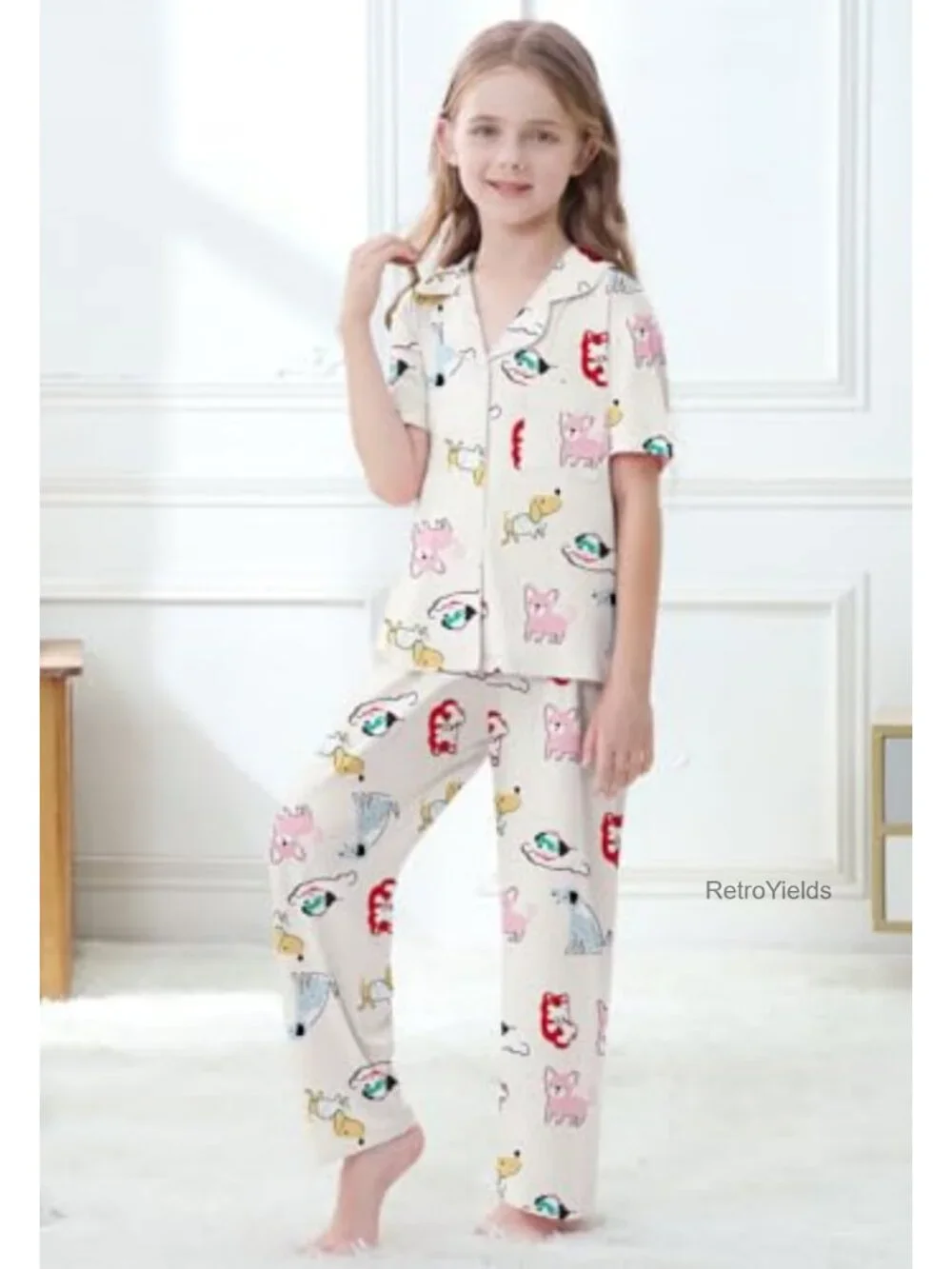 Girls Lyocell 3 Piece Pajama Set Button Down PJs Short Sleeve Loungewear